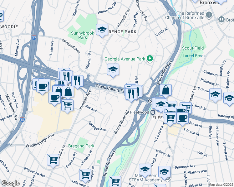map of restaurants, bars, coffee shops, grocery stores, and more near 1372 Midland Avenue in Bronxville