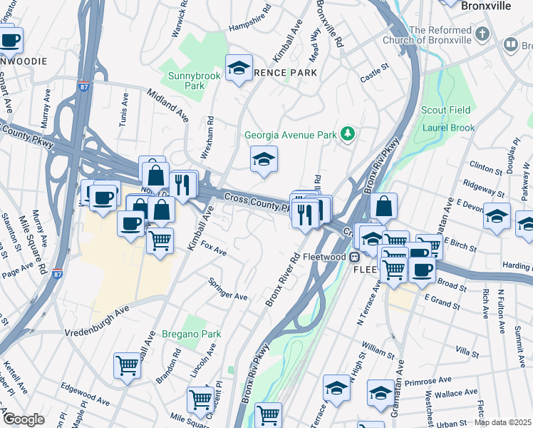 map of restaurants, bars, coffee shops, grocery stores, and more near 1372 Midland Avenue in Bronxville
