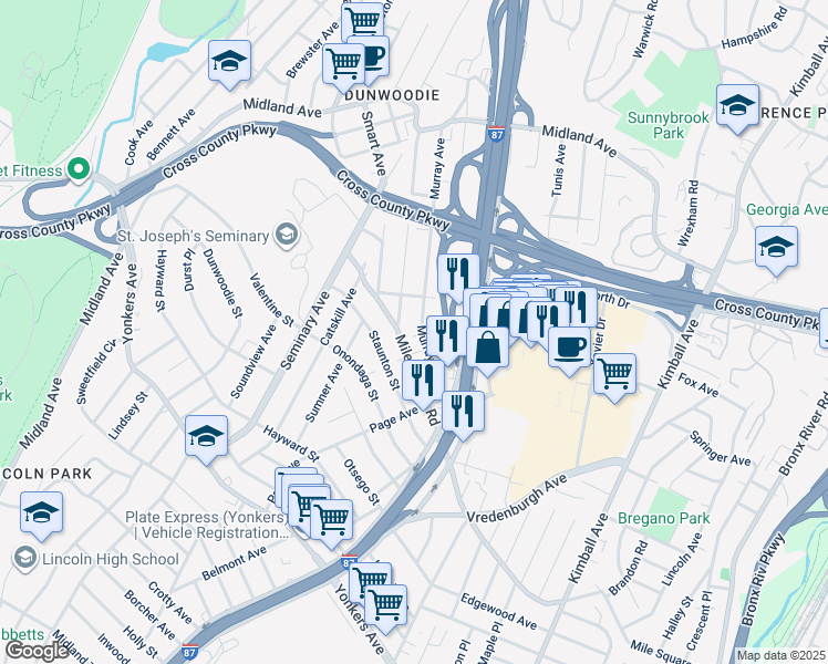 map of restaurants, bars, coffee shops, grocery stores, and more near 82 Mansion Avenue in Yonkers