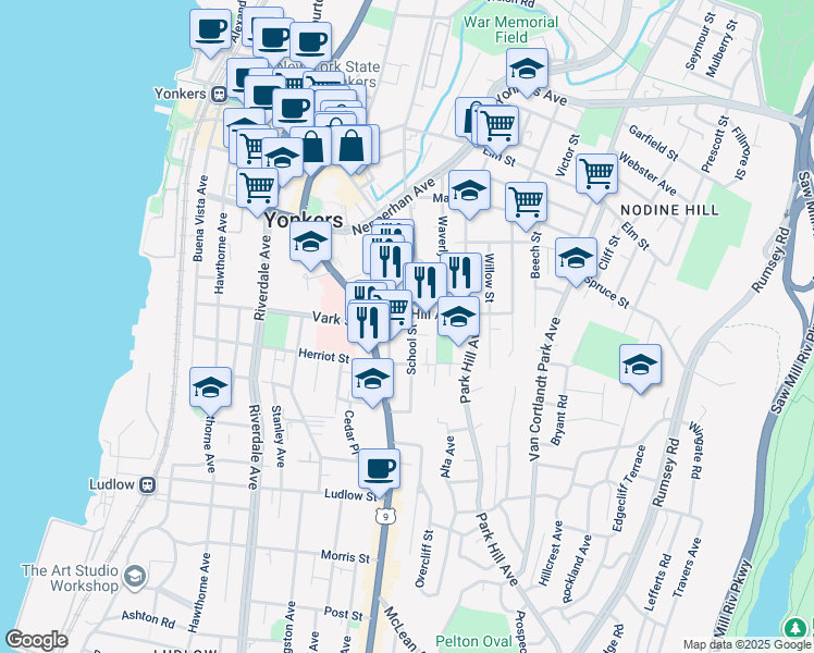 map of restaurants, bars, coffee shops, grocery stores, and more near 30-32 Park Hill Avenue in Yonkers