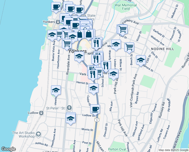 map of restaurants, bars, coffee shops, grocery stores, and more near 144 South Broadway in Yonkers