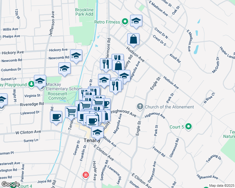 map of restaurants, bars, coffee shops, grocery stores, and more near 109 Magnolia Avenue in Tenafly