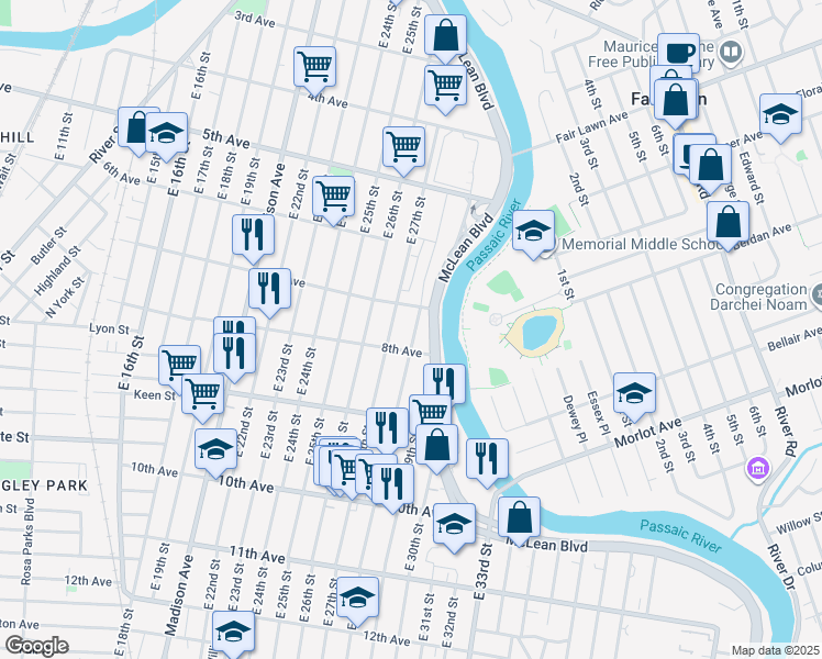 map of restaurants, bars, coffee shops, grocery stores, and more near 220 East 28th Street in Paterson