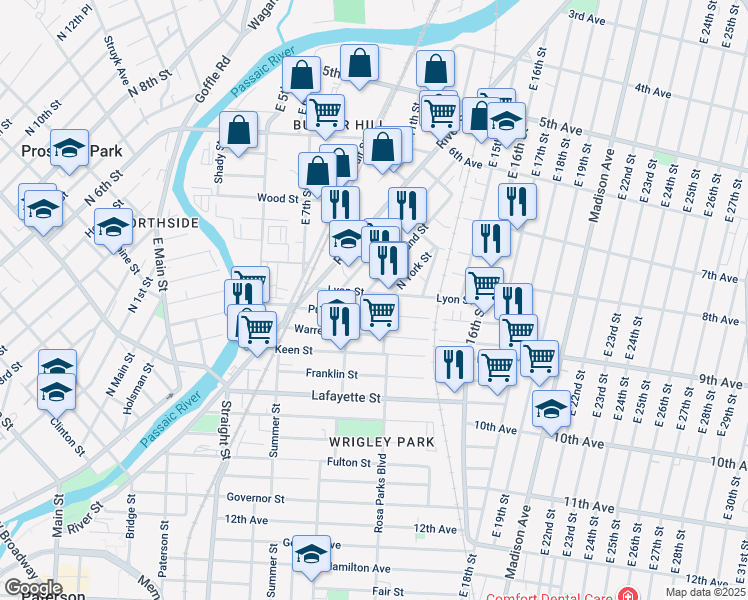 map of restaurants, bars, coffee shops, grocery stores, and more near 137 Lyon Street in Paterson