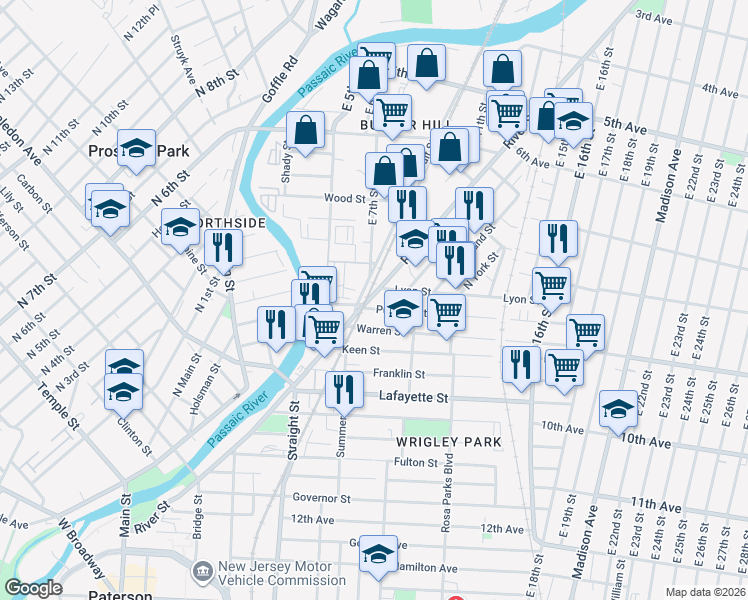 map of restaurants, bars, coffee shops, grocery stores, and more near 72 Lyon Street in Paterson
