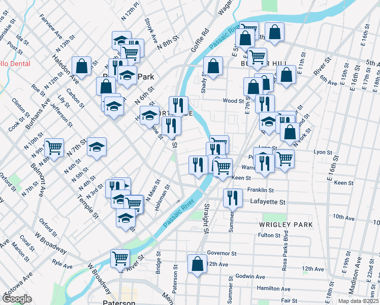 map of restaurants, bars, coffee shops, grocery stores, and more near 48 Bergen Street in Paterson