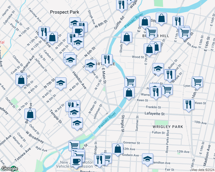 map of restaurants, bars, coffee shops, grocery stores, and more near 48 Bergen Street in Paterson