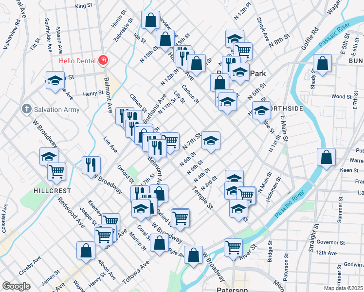 map of restaurants, bars, coffee shops, grocery stores, and more near 113 North 8th Street in Paterson