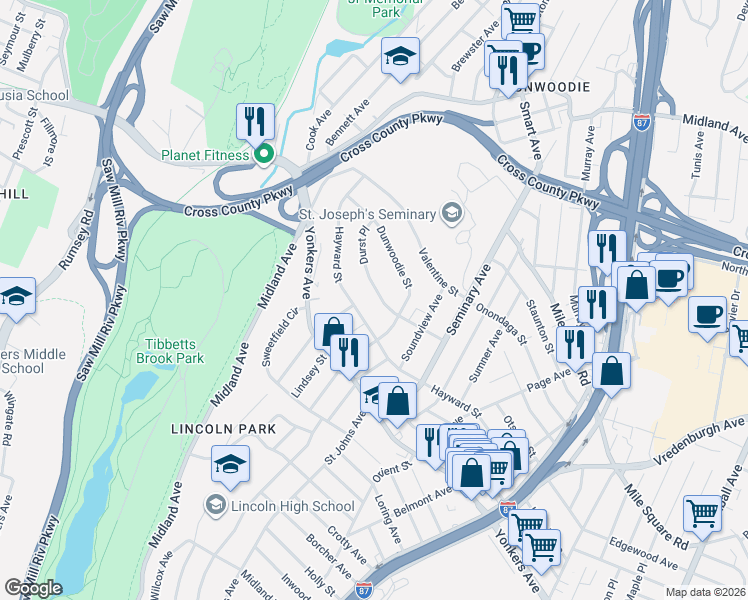 map of restaurants, bars, coffee shops, grocery stores, and more near 67 Durst Place in Yonkers