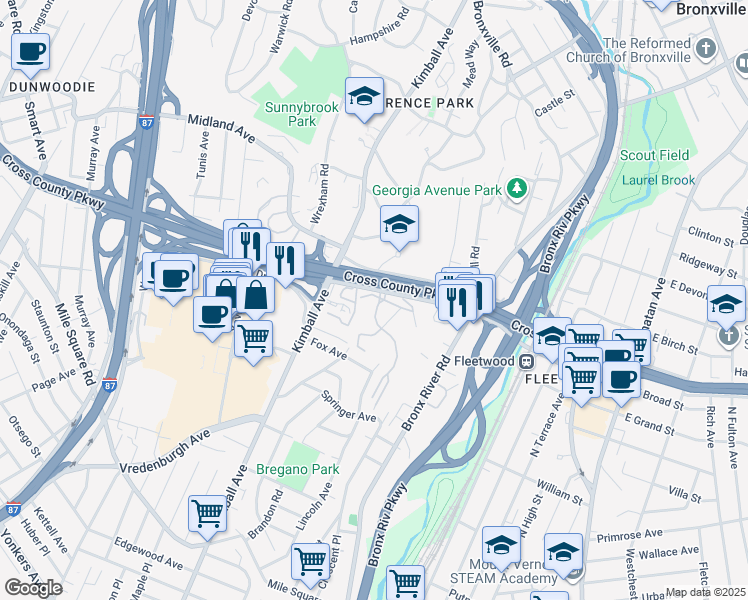 map of restaurants, bars, coffee shops, grocery stores, and more near 2 Bronxville Glen Drive in Yonkers