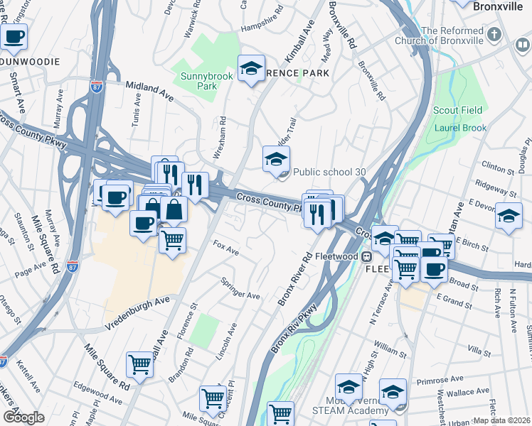 map of restaurants, bars, coffee shops, grocery stores, and more near 12 Bronxville Glen Drive in Yonkers