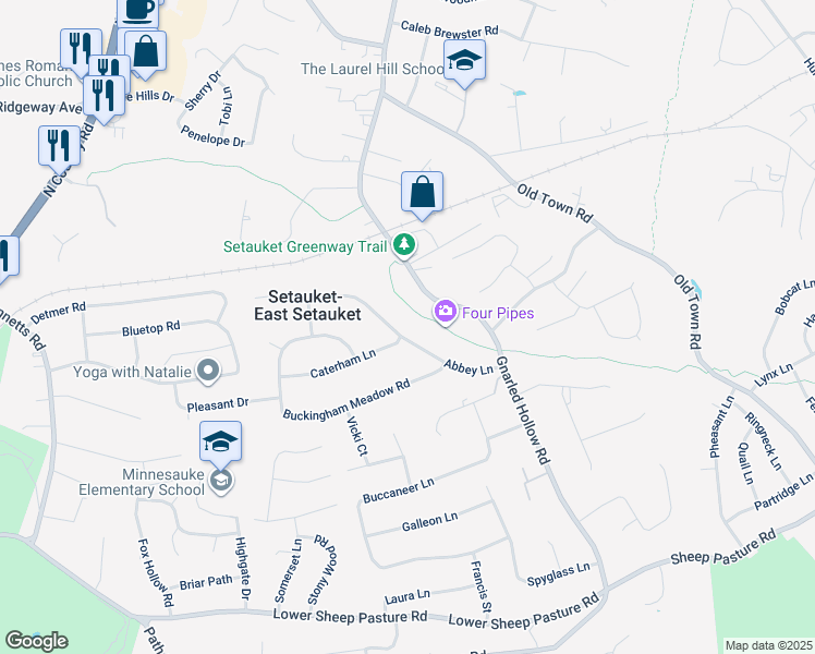 map of restaurants, bars, coffee shops, grocery stores, and more near 15 Abbey Lane in Setauket- East Setauket
