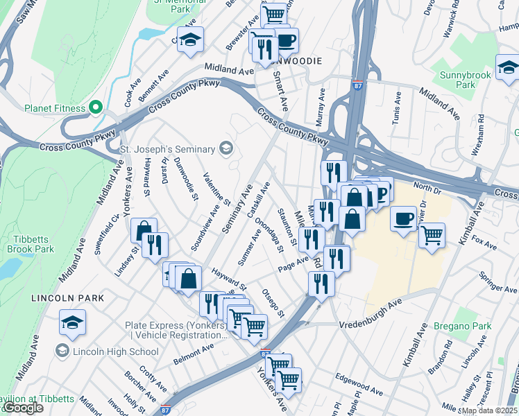 map of restaurants, bars, coffee shops, grocery stores, and more near 152 Seminary Avenue in Yonkers