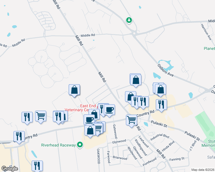 map of restaurants, bars, coffee shops, grocery stores, and more near 62 3rd in Calverton