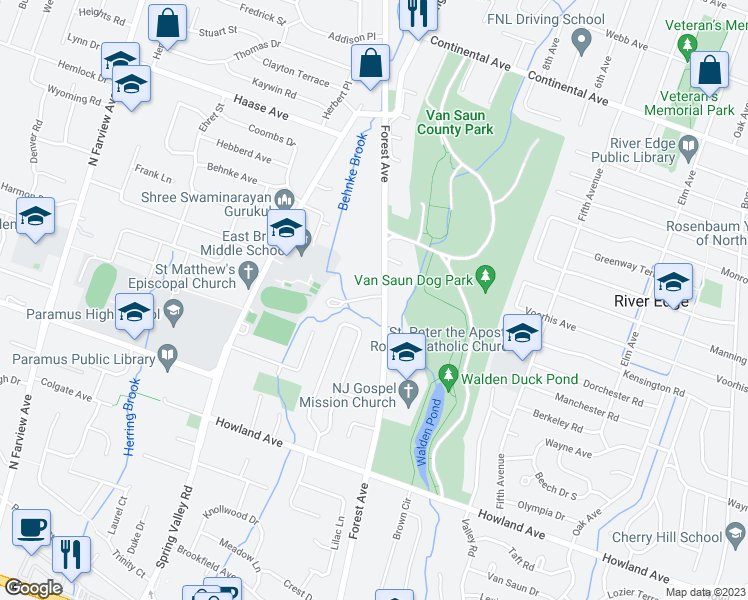 map of restaurants, bars, coffee shops, grocery stores, and more near 5 Sipporta Lane in Paramus