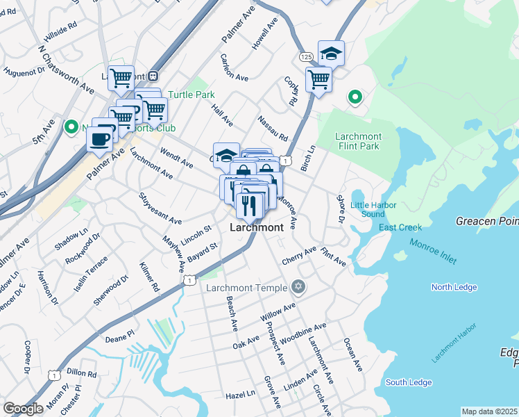 map of restaurants, bars, coffee shops, grocery stores, and more near 2086 Boston Post Road in Larchmont