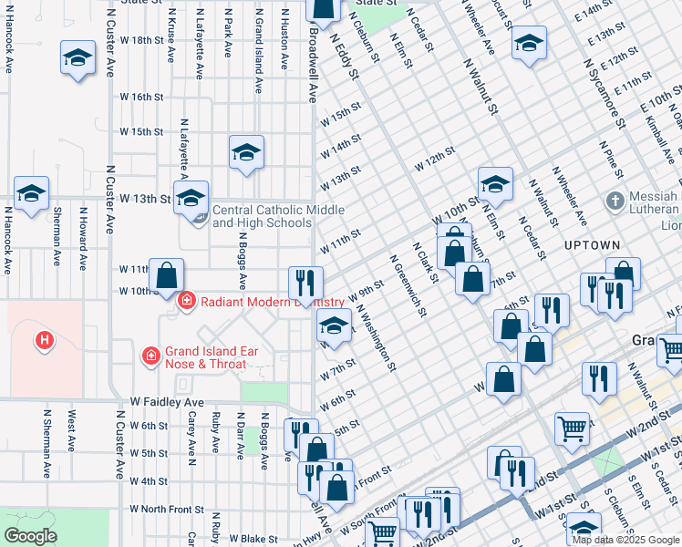 map of restaurants, bars, coffee shops, grocery stores, and more near 1000 North Washington Street in Grand Island