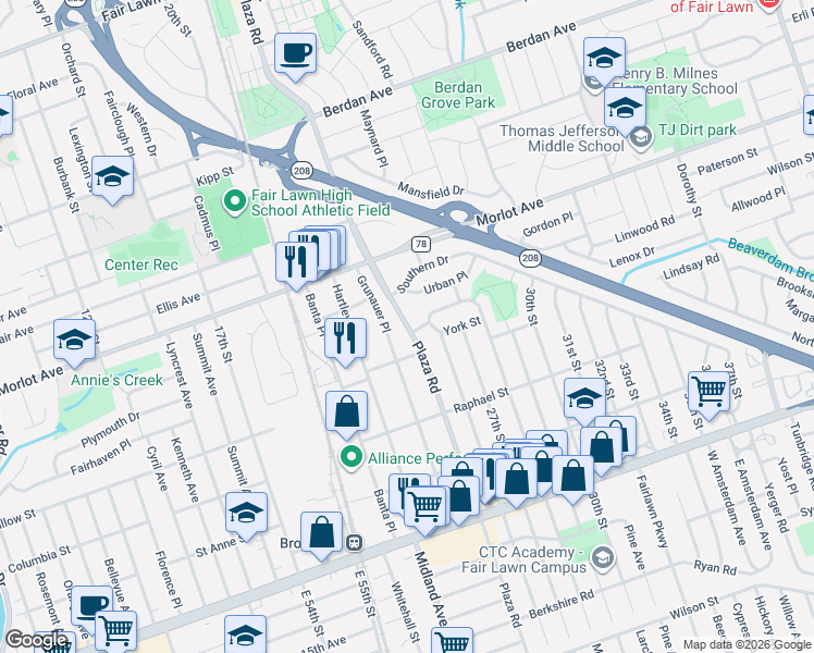 map of restaurants, bars, coffee shops, grocery stores, and more near 4-37 Grunauer Place in Fair Lawn