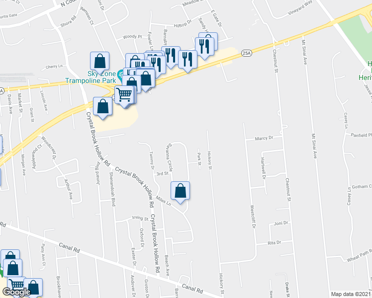map of restaurants, bars, coffee shops, grocery stores, and more near 23 Savanna Circle in Mount Sinai