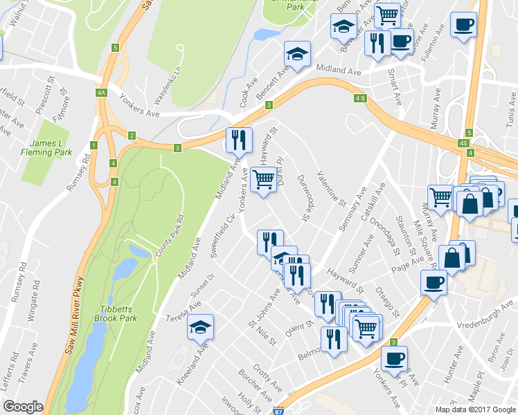 map of restaurants, bars, coffee shops, grocery stores, and more near 111 Hayward Street in Yonkers