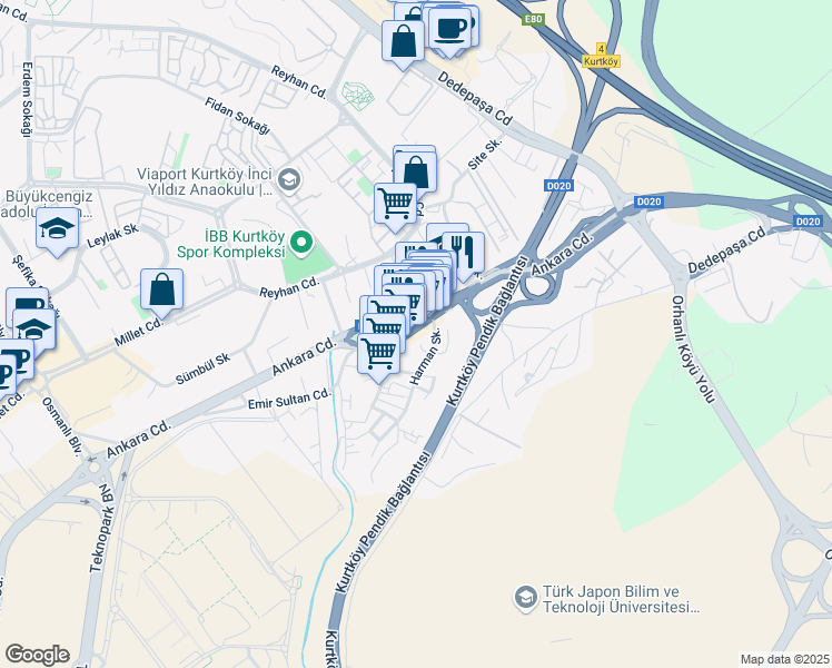 map of restaurants, bars, coffee shops, grocery stores, and more near 34 Ankara Caddesi in Pendik