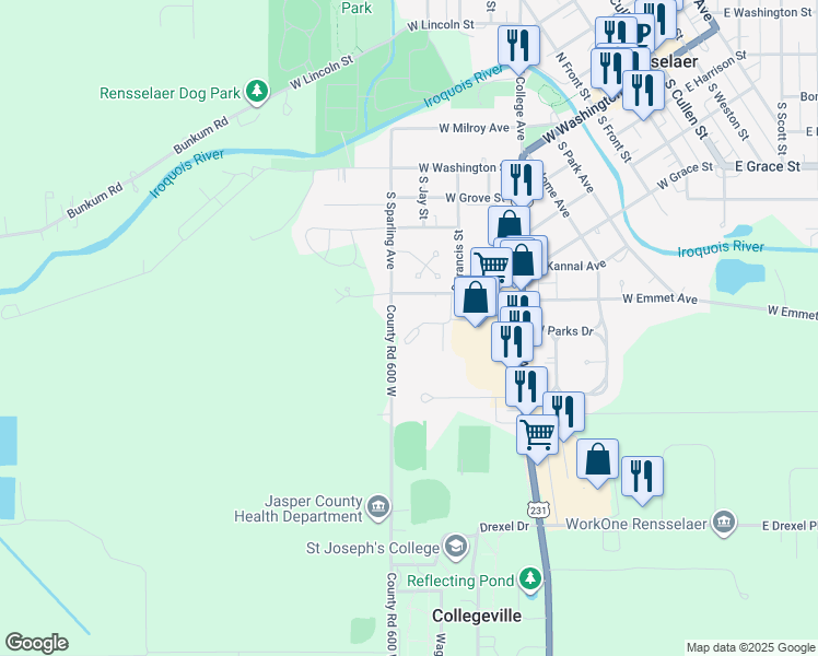 map of restaurants, bars, coffee shops, grocery stores, and more near 833 West Kannal Court in Rensselaer