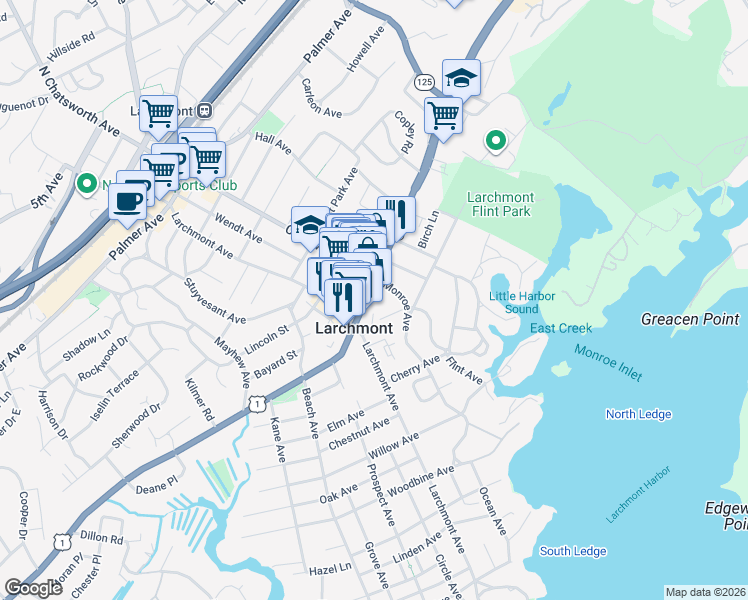 map of restaurants, bars, coffee shops, grocery stores, and more near 48 Monroe Avenue in Larchmont