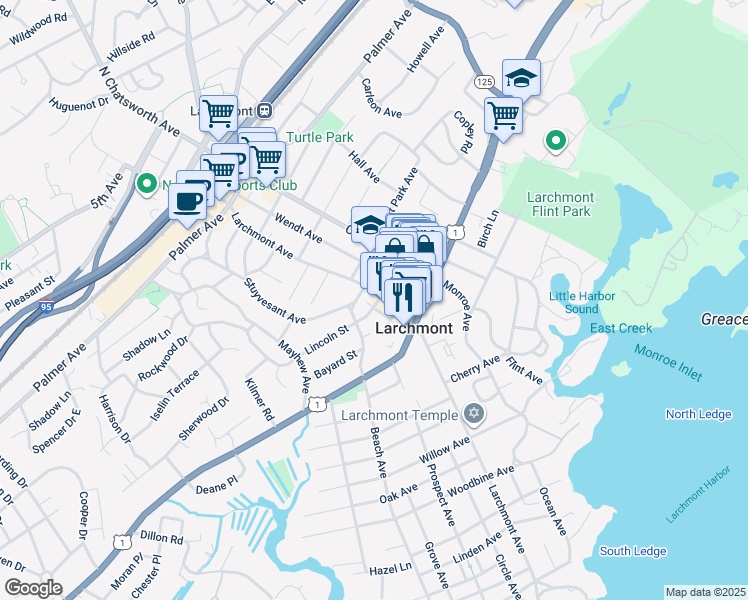 map of restaurants, bars, coffee shops, grocery stores, and more near 165 Larchmont Avenue in Larchmont