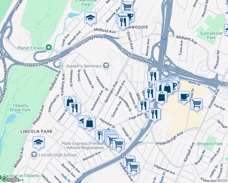 map of restaurants, bars, coffee shops, grocery stores, and more near 152 Seminary Avenue in Yonkers