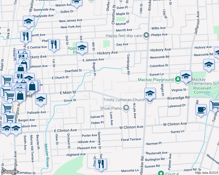 map of restaurants, bars, coffee shops, grocery stores, and more near 12 Willow Street in Bergenfield