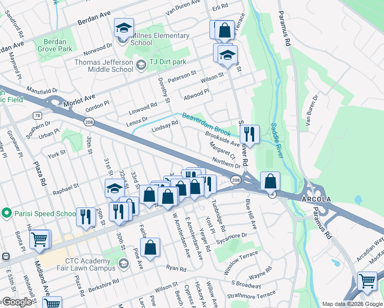 map of restaurants, bars, coffee shops, grocery stores, and more near 38-38 Northern Drive in Fair Lawn