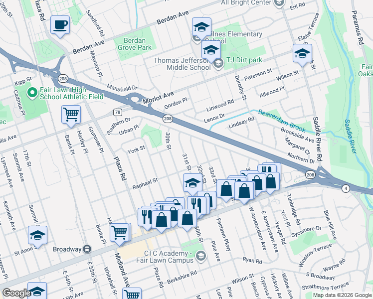 map of restaurants, bars, coffee shops, grocery stores, and more near 329 32nd Street in Fair Lawn