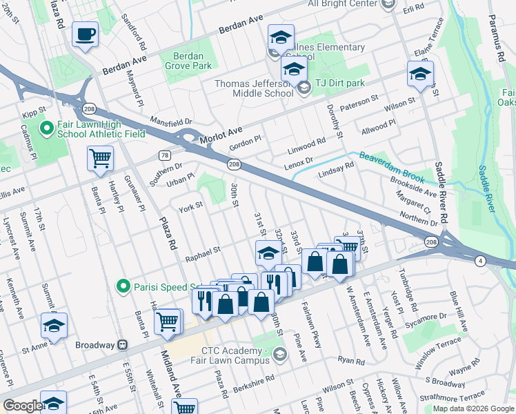 map of restaurants, bars, coffee shops, grocery stores, and more near 3-44 31st Street in Fair Lawn