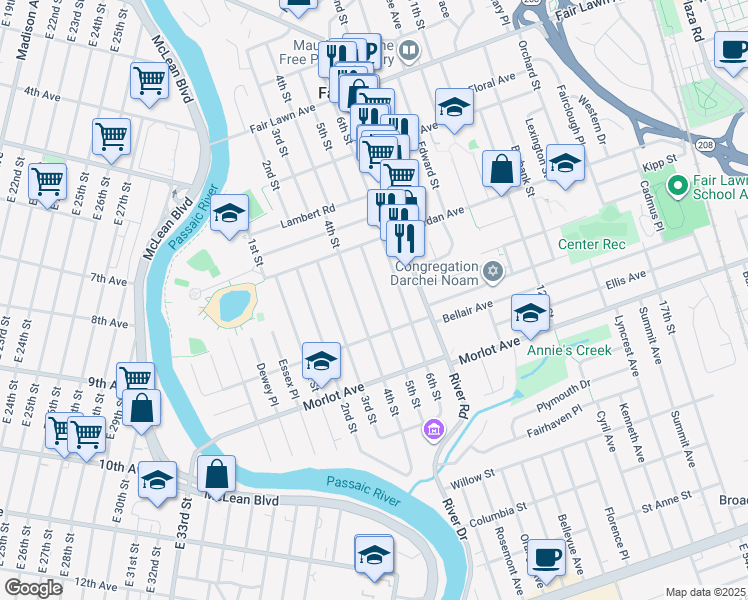 map of restaurants, bars, coffee shops, grocery stores, and more near 10-06 5th Street in Fair Lawn