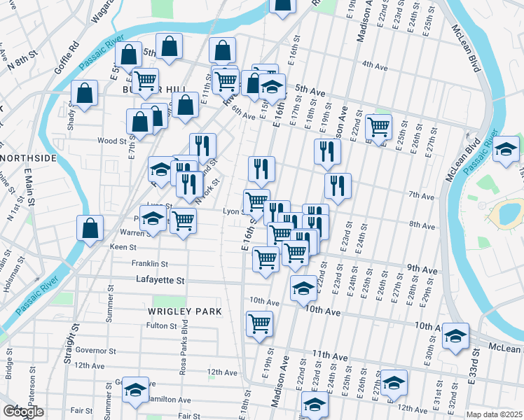 map of restaurants, bars, coffee shops, grocery stores, and more near 247 East 16th Street in Paterson