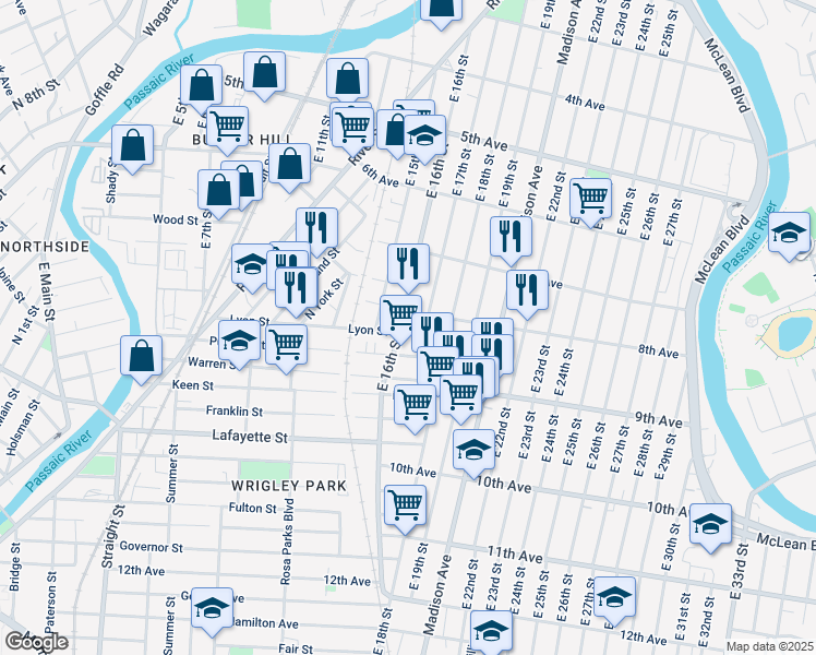 map of restaurants, bars, coffee shops, grocery stores, and more near 247 East 16th Street in Paterson