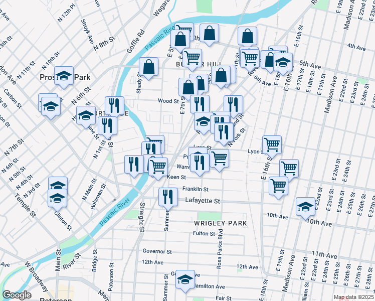 map of restaurants, bars, coffee shops, grocery stores, and more near 72 Lyon Street in Paterson