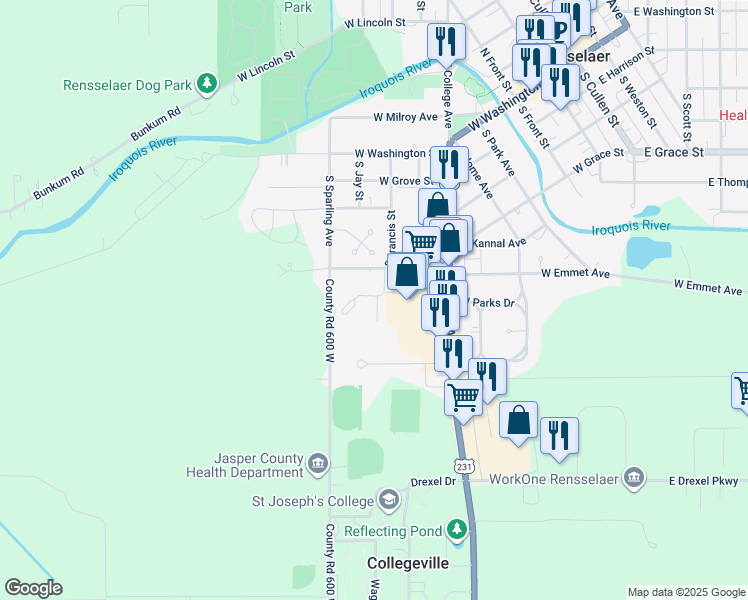 map of restaurants, bars, coffee shops, grocery stores, and more near W Kannal Ave in Rensselaer