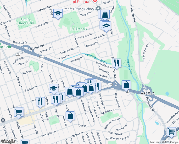 map of restaurants, bars, coffee shops, grocery stores, and more near 38-38 Northern Drive in Fair Lawn