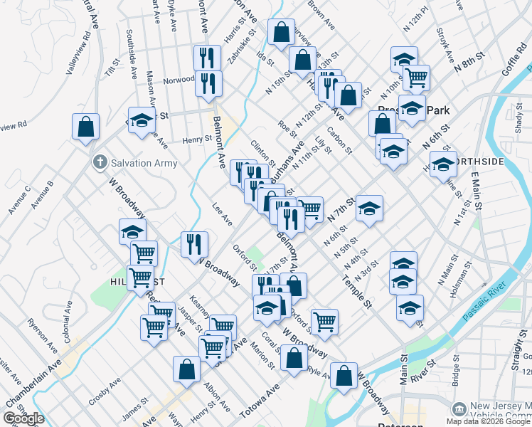 map of restaurants, bars, coffee shops, grocery stores, and more near 55 North 10th Street in Paterson