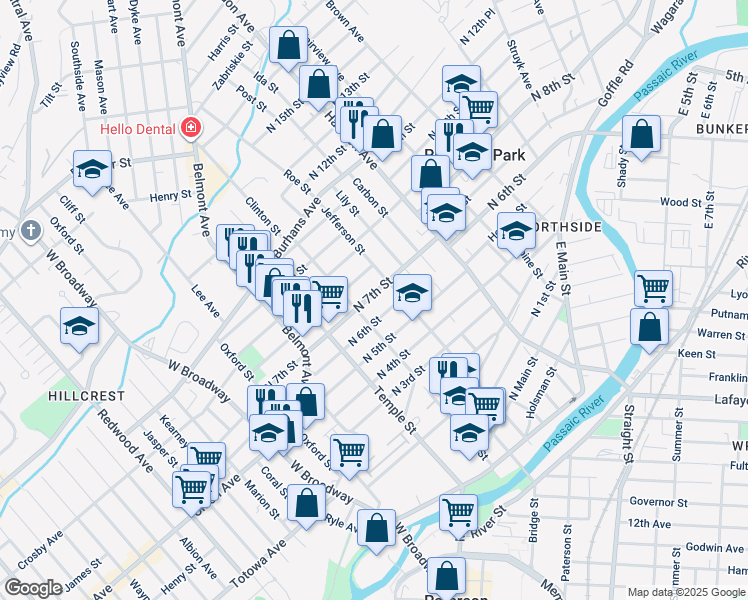 map of restaurants, bars, coffee shops, grocery stores, and more near 138 North 7th Street in Paterson