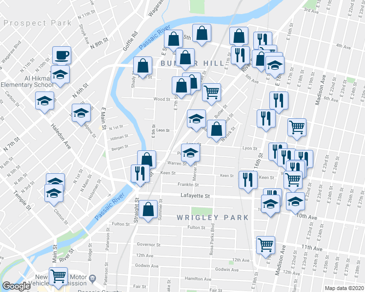 map of restaurants, bars, coffee shops, grocery stores, and more near 72 Lyon Street in Paterson