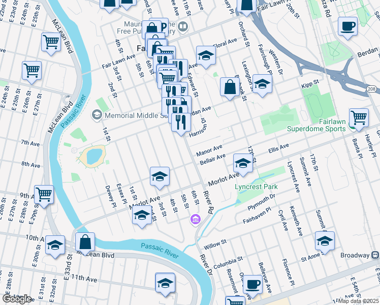 map of restaurants, bars, coffee shops, grocery stores, and more near 9-15 6th Street in Fair Lawn