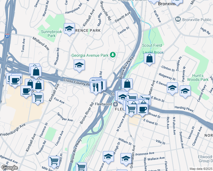 map of restaurants, bars, coffee shops, grocery stores, and more near in Yonkers