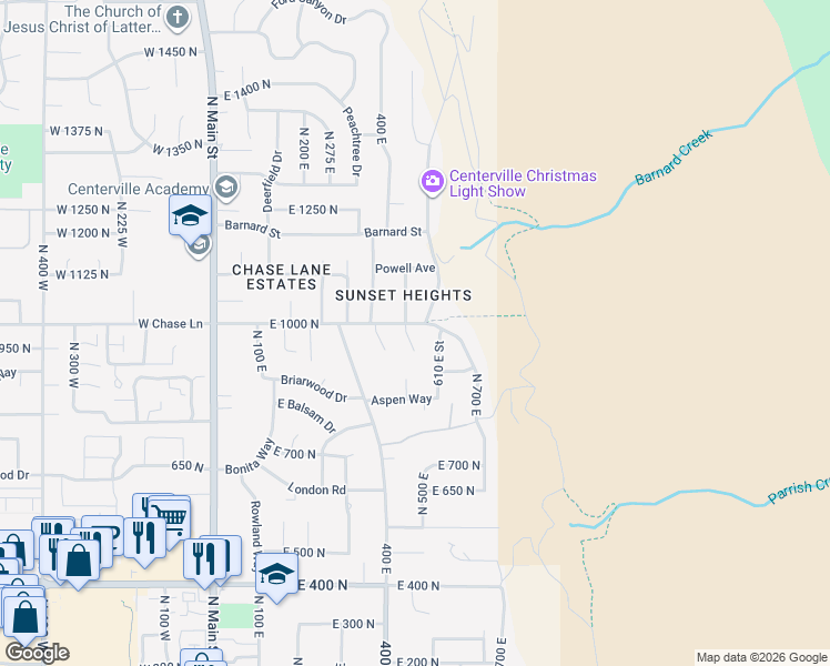 map of restaurants, bars, coffee shops, grocery stores, and more near 984 North 500 East in Centerville