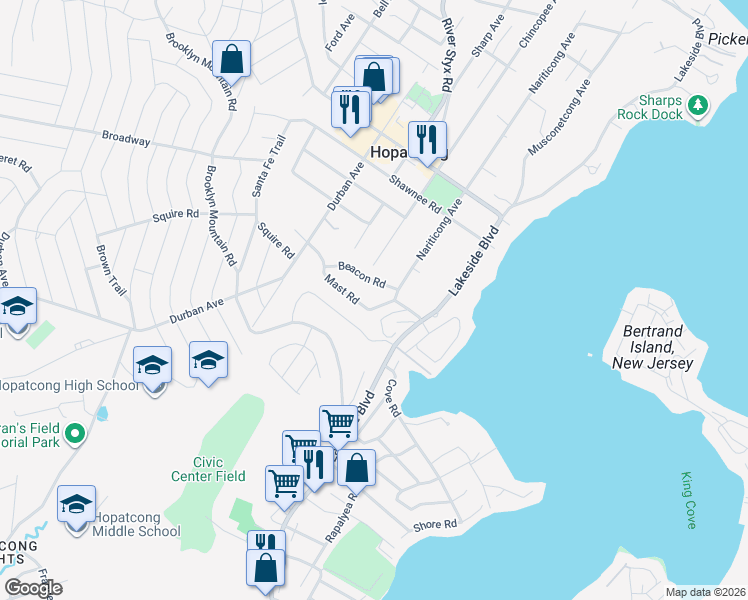 map of restaurants, bars, coffee shops, grocery stores, and more near 15 Mast Road in Hopatcong