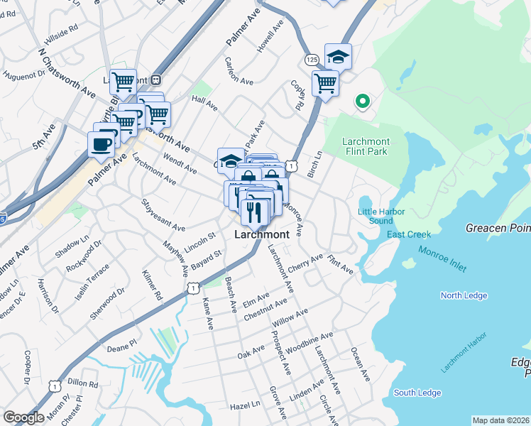 map of restaurants, bars, coffee shops, grocery stores, and more near 2086 Boston Post Road in Larchmont