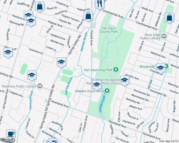 map of restaurants, bars, coffee shops, grocery stores, and more near 5 Sipporta Lane in Paramus