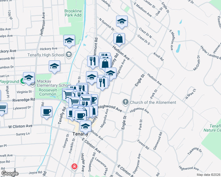 map of restaurants, bars, coffee shops, grocery stores, and more near 109 Magnolia Avenue in Tenafly