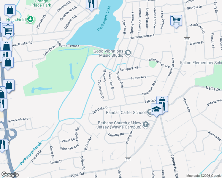 map of restaurants, bars, coffee shops, grocery stores, and more near 54 Lake Trail East in Wayne